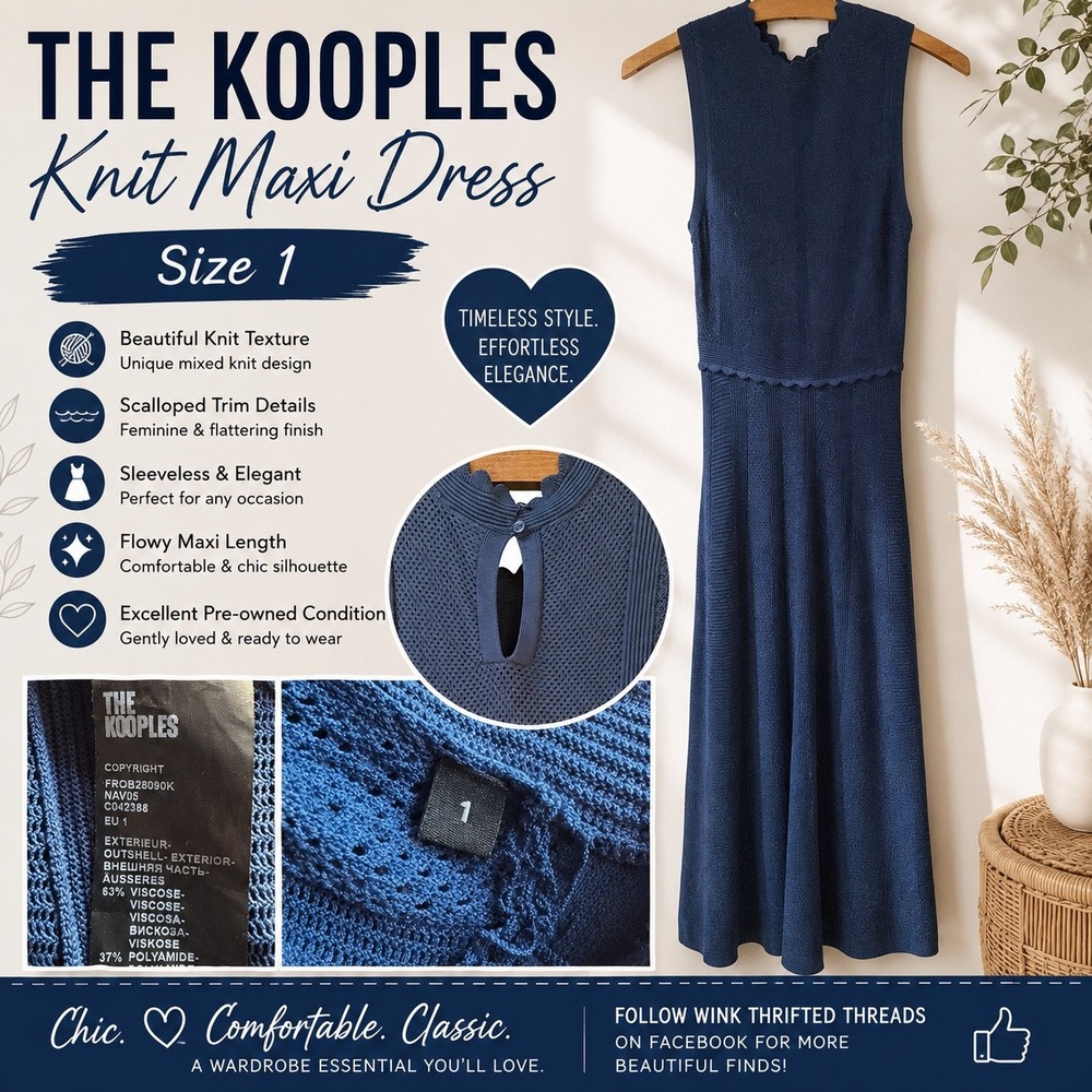 The Kooples Womens Navy Blue Knit Maxi Dressโ Scalloped Trim Size 1 FROB28090K